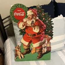 Vintage Coca Cola Santa Christmas Cardboard Litho Advertising Sign Store Display
