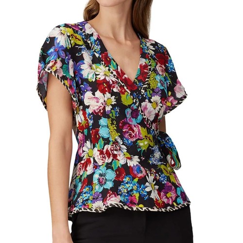 Nanette Lepore Shirt Womens 6 Black Multicolor Floral Boquet Wrap Top - Picture 2 of 13