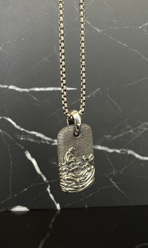 Men's David Yurman Waves Collection Dog Tag Silver Pendant Amulet with Necklace