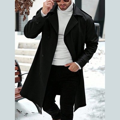 Herren Trenchjacke Zweireiher Business Mantel Windbreaker Schwarz