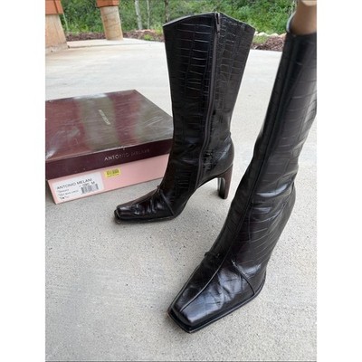90s Y2K dark Brown Leather Croc boots Antonio Melani square toe heeled 9 vintage