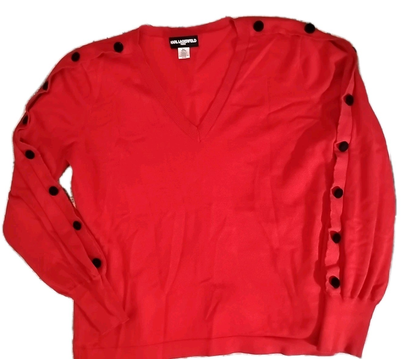KARL LAGERFELD PARIS Women's Button-Sleeve Red Sweater medDesigner Preppy
