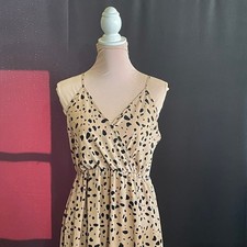 Shein Maxi Dress Women L Tan Black Good Dalmatian Print V-Neck Spaghetti Strap