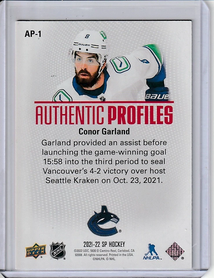 Conor Garland 2021-22 UD SP Authentic Profiles Red #140/199 Canucks #AP-1 - Image 2 of 2