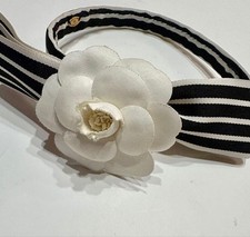 Chanel Camellia Ribbon Striped Headband 34cm Flower Motif White Black Accessary
