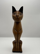 Vintage Hand Carved Wooden Siamese Cat Sculpture Thai Artistic Style