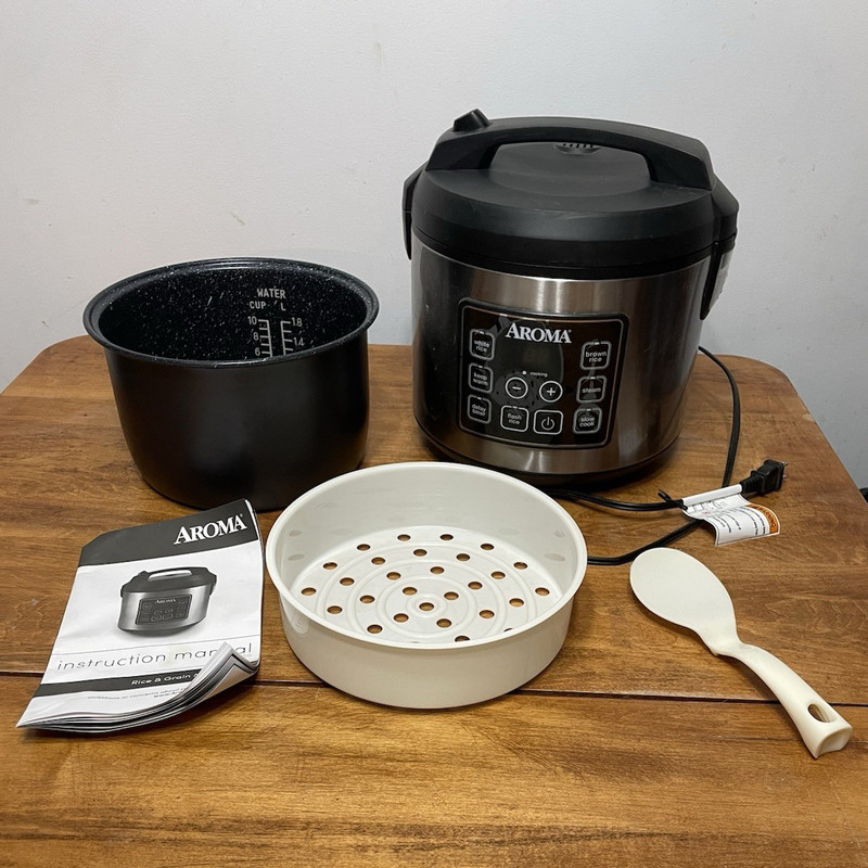 AROMA Rice Cooker & Steamer, Black/Silver, Inner Pot Steam Tray Paddle Manual
