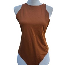 Reoria Womens Bodysuit Top XL Brown Sleeveless Tank High Neck Casual Everyday
