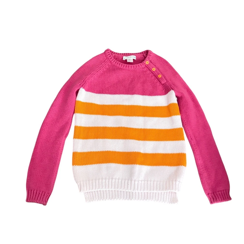 Garnet Hill Kids Sweater Cotton Pink Orange White Striped Crewneck Large - Image 2 of 4