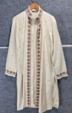 Vintage Jade Blue Mens Ivory Embroidered Sherwani Indian Wedding Bollywood...