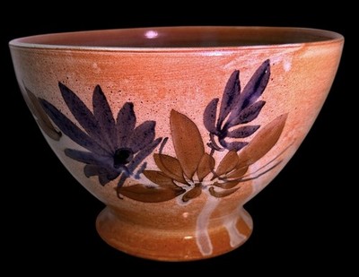 Vintage French Clay Cafe au Lait Bowl Beautiful Hand Painted Blue Floral Pottery