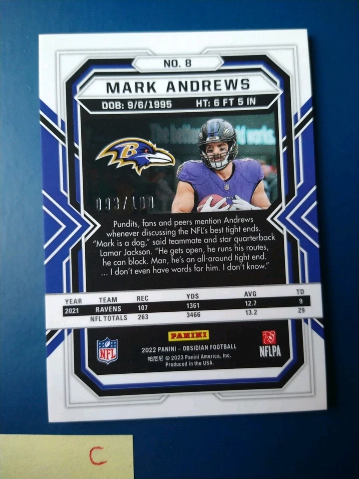 2022 Panini Obsidian Electric Etch Purple Mark Andrews #8 Ravens /100 - Image 2 of 2