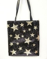 NEW FANCY BLACK METALLIC GOLD STARS SEQUINS TOTE,HANDBAG,SHOPPER+DUST BAG