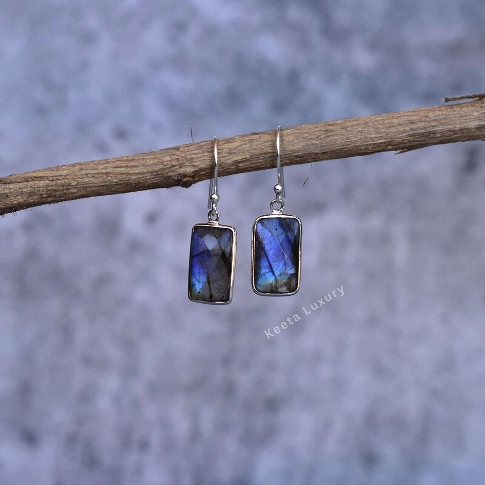 Natural Blue Labradorite Healing Crystal 925 Sterling Silver Handmade Earrings - Image 3 of 4