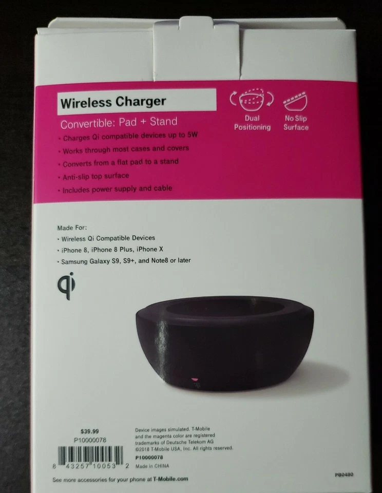 Cargador Inalámbrico T-Mobile 5w/1amp Convertible Pad + Soporte para IPhone/Android   Foto 3 de 4