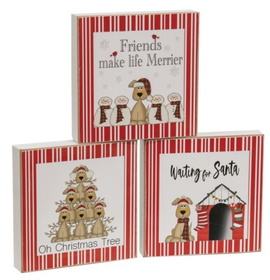 Dog Block Sign Set of 3 Christmas Dog Block Signs, Cute, Friends, Santa, Gift or Decor ...