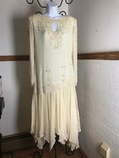 Vtg 80s Shear DRESS Ivory Pearl Beaded Chiffon Scalloped Mermaid Silk Wedding L