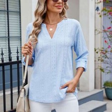 Women's 3/4 Sleeve V-Neck T-Shirt Summer Casual Solid Color Loose Tops Blouse US