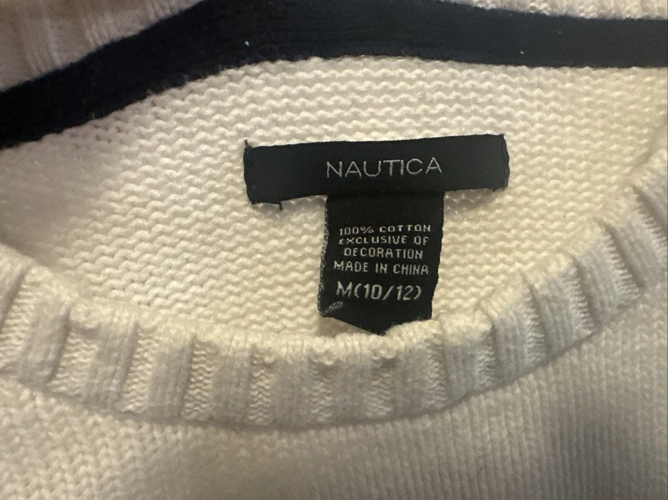 Suéter Pullover Algodón Nautica Blanco Con Rayas Azules Talla Juvenil Mediano 10-12 Foto 2 de 4