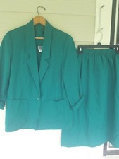 Womens Blazer Skirt 2 Piece Set Vintage 80s Career Business Green Gray Stripes