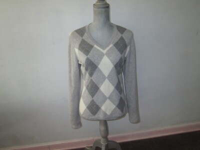 CHARTER CLUB 2-Ply Cashmere Gray Cream Silver Argyle V Neck