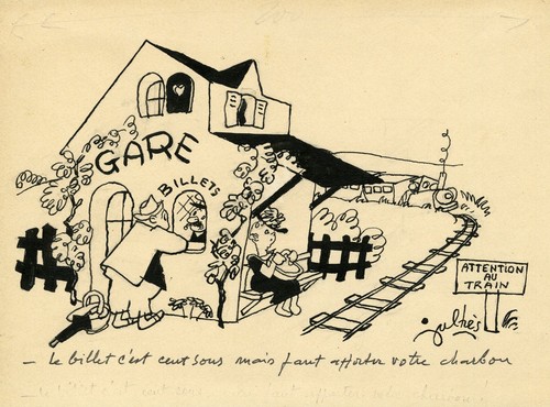 "ATTENTION AU TRAIN" Dessin à l'encre de Chine par Maurice JULHES 1944