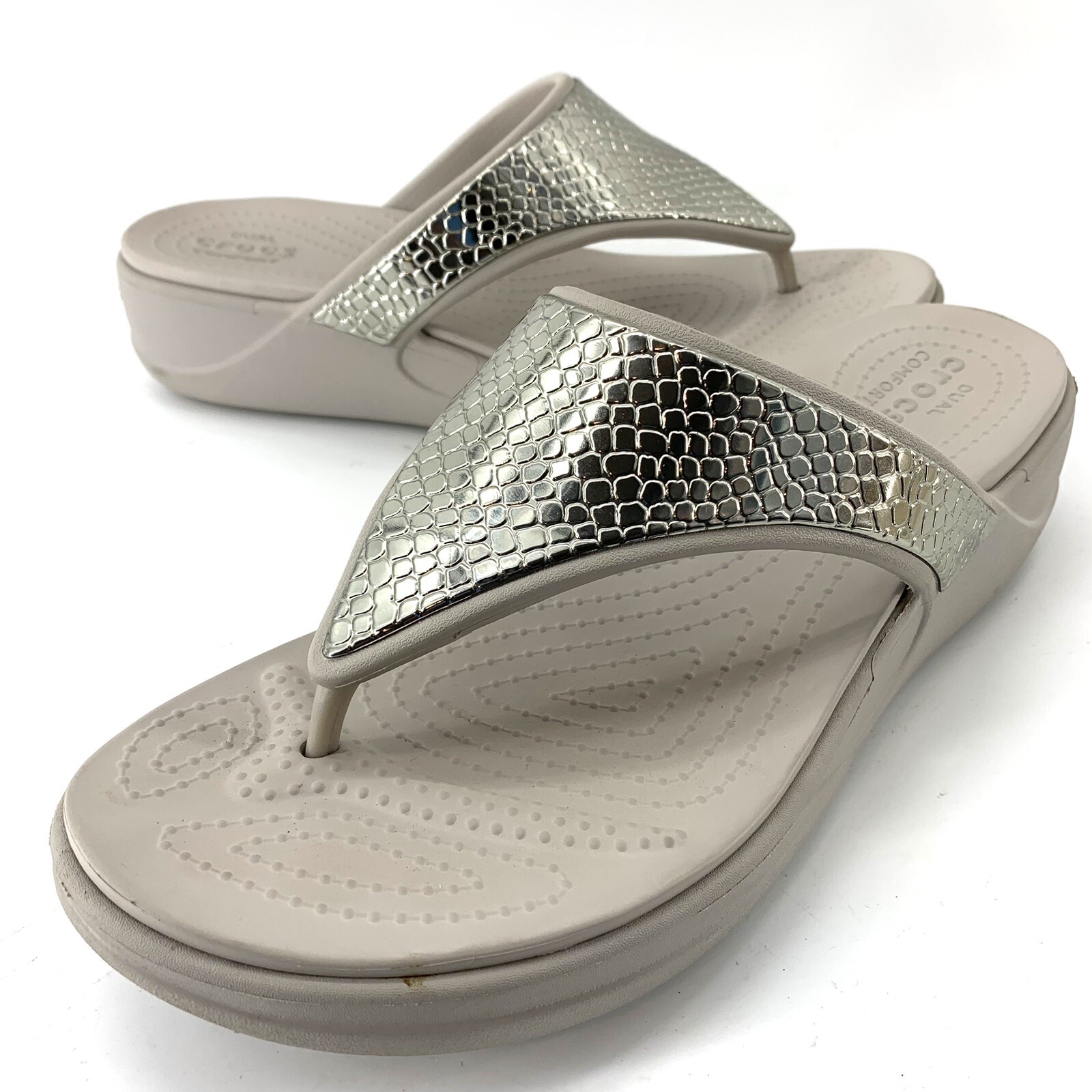 Crocs Monterey Metallic Gray Wedge Flip Sandals Women’s Size 11