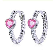 Huggie Pink Heart Hoop 925 Sterling Silver Earrings Womens Girls Jewellery Gifts