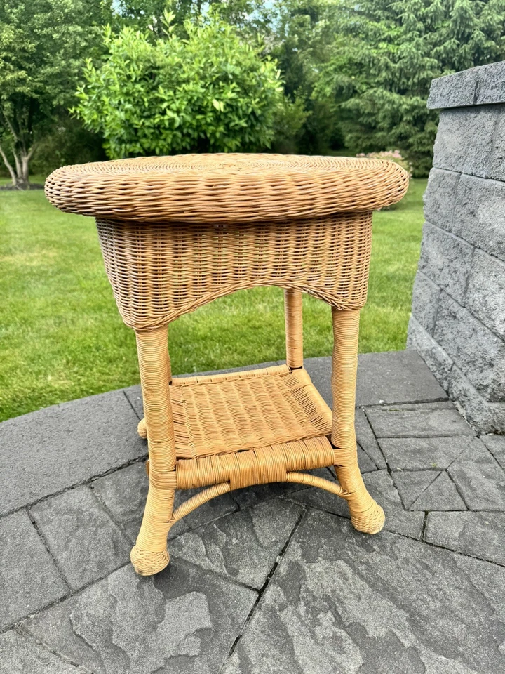 Vintage Wicker Round End Table Accent Side Plant Table Stand Two Tier H23xD21” - Image 2 of 4