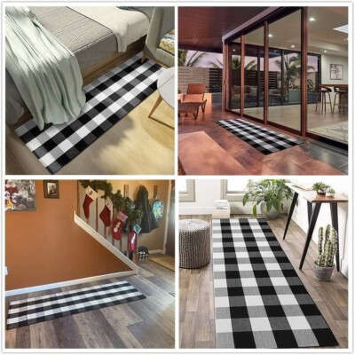 Buffalo Plaid Outdoor Rug Doormat 2' x 6' Black/White Checkered Porch mat
