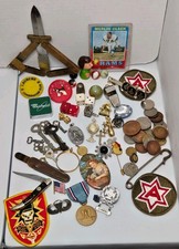 Vintage Junk Drawer Lot Military Medals Patches Knife Masonic Coins Keys Pins