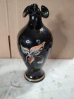 Fenton Autumn Leaves Black Amethyst  Feathered Hand Painted Fluted Vase 8” Sign