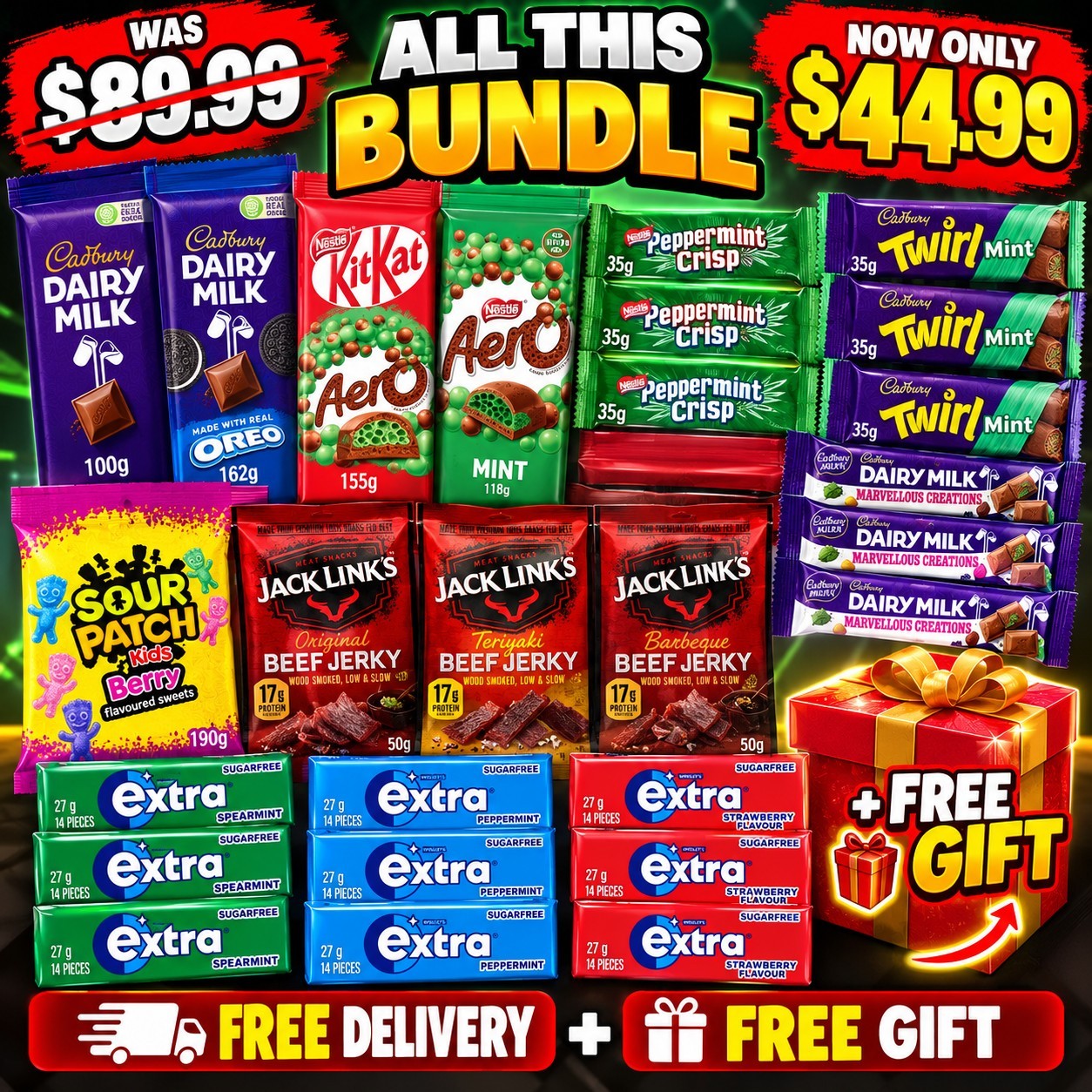 Cadbury Nestlé Jack Link's Extra Snack Assortment Choc Lollies Gum beef Jerky