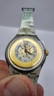 Vintage 1995 Swatch Automatic PITTI SAM105 Skeleton Gold Swiss NOS MIB New Read