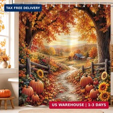 Fall Shower Curtains, Rustic Autumn Pumpkin Red Maple Leaf Sunflower Bathroom Cu