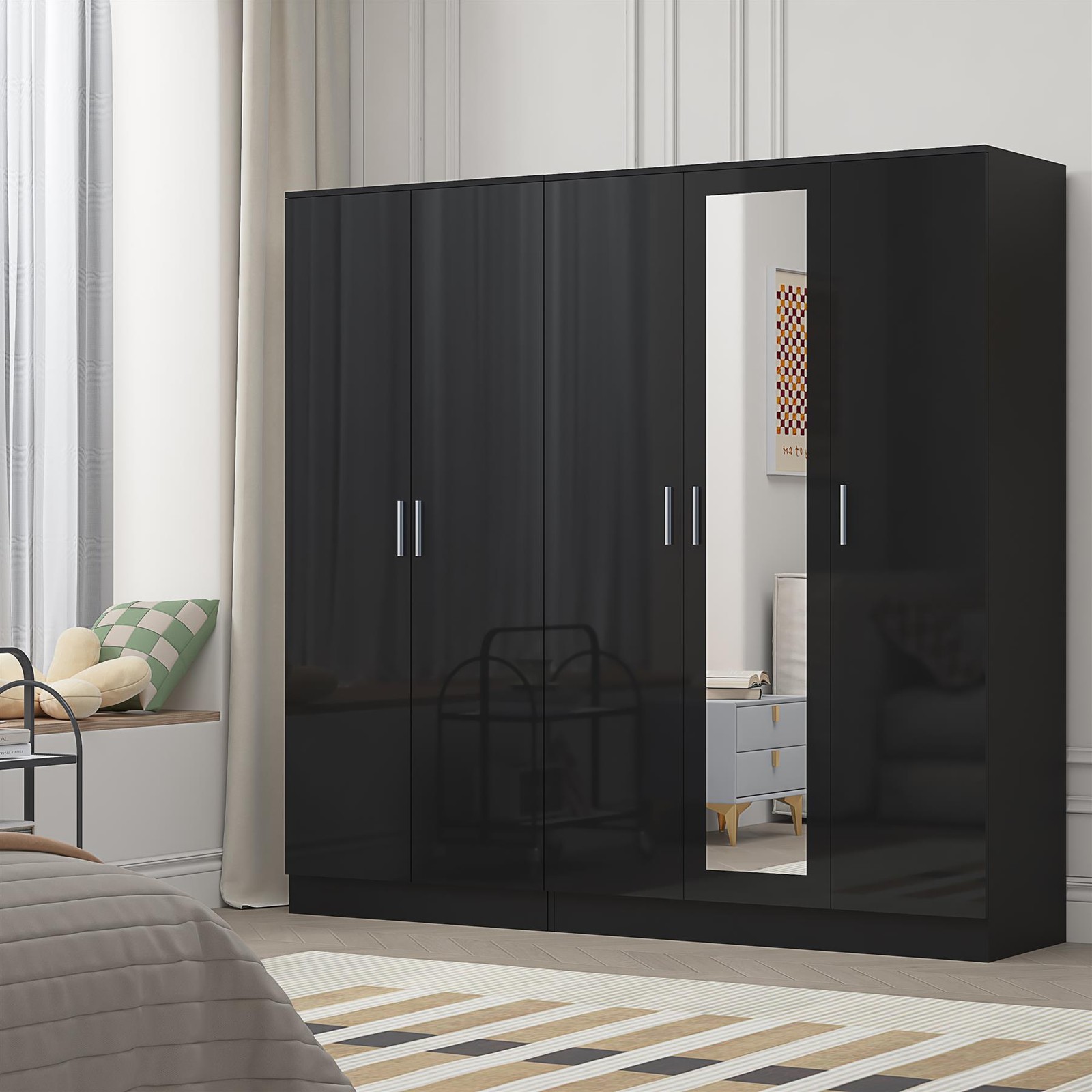 REFLECT Wardrobe Bundle: Mirror 3 Door + 2 Door Plain - Black/Black - Image 5