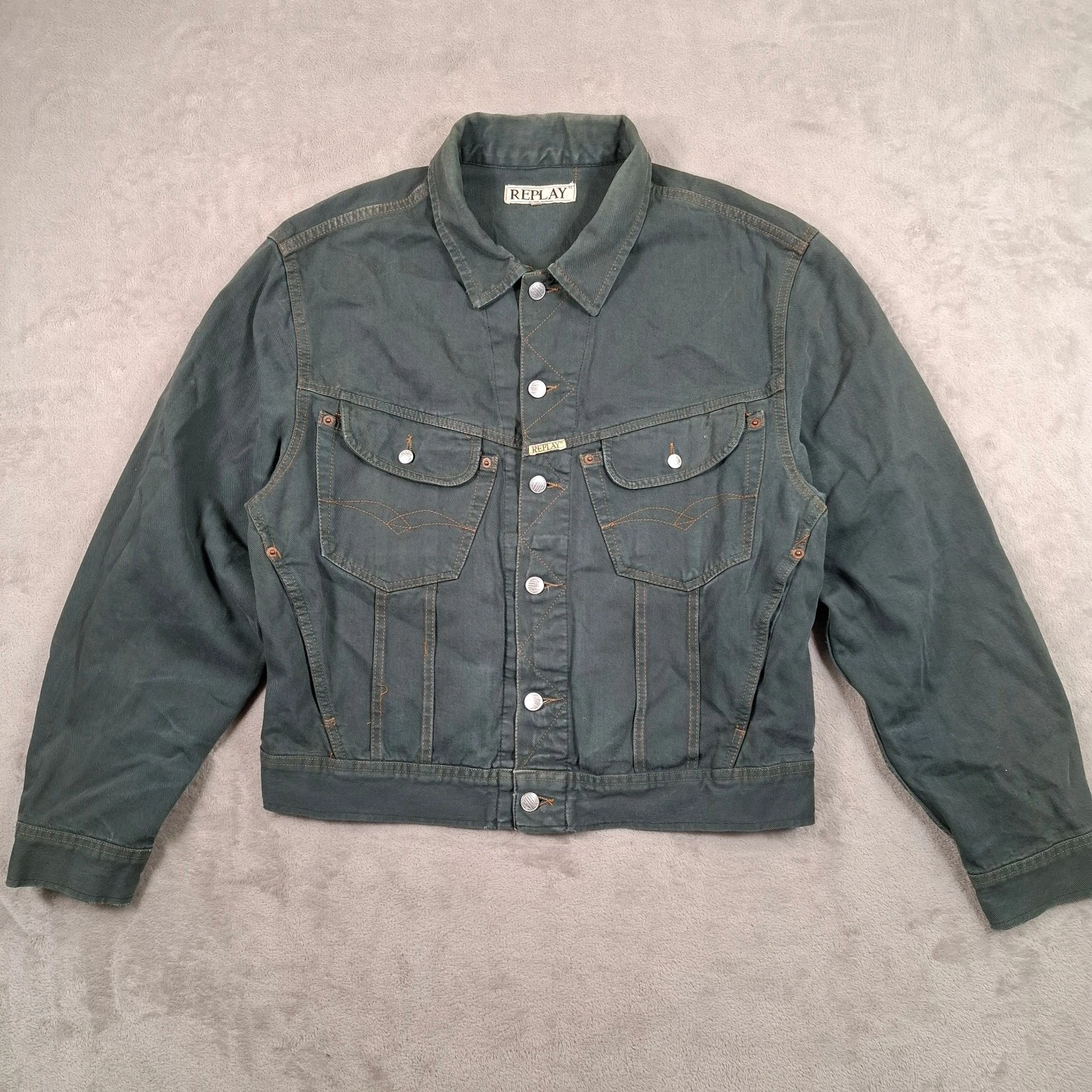 Replay Denim Jacket Mens Large Green Vintage Trucker Italy Designer Cotton