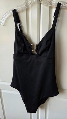 Hunkemoller One Piece Sexy Black Swim Suit with Gold U Ring, Size 6