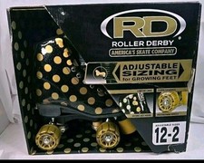 Roller Derby Black/Gold Polka Dot Roller Skates Girls Adj Sz 12-2 New