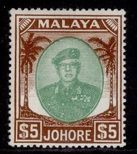 MALAYSIA - Johore GVI SG147, $5 green & brown, M MINT. Cat £50.