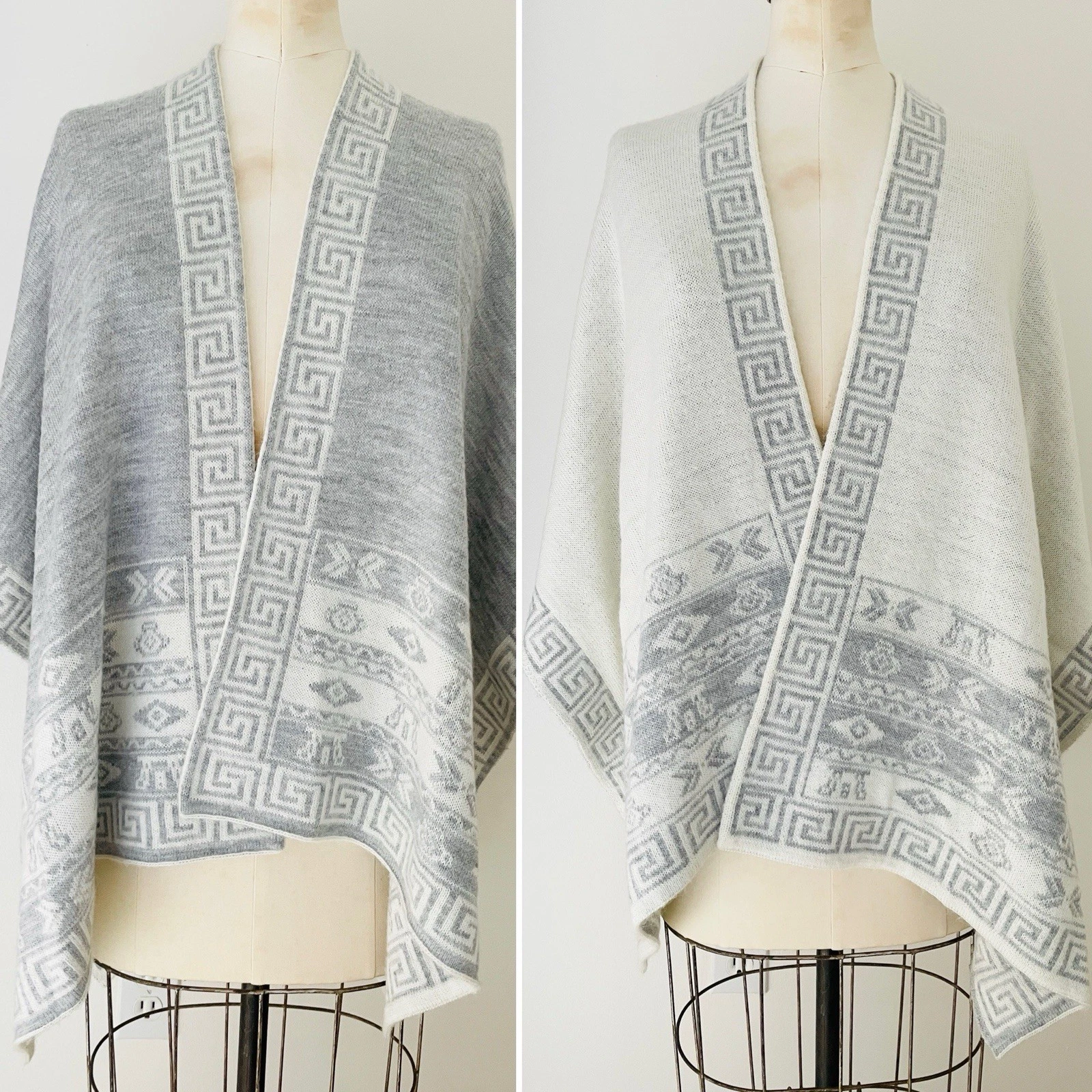 Alpaca Wool Blend Travel Poncho Cardigan Sweater Wrap REVERSIBLE Grey White OS