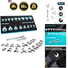 3/8" Drive Crowfoot Wrench Set with 2 Extension Bars, SAE & Metric, 19-Piece,...