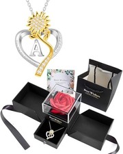 Birthday Gifts for Women Preserved Real Rose with Sunflower Initial Necklace A