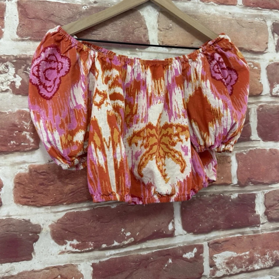 Camisa corta C&C California para mujer S mezcla de lino boho abstracta mangas abullonadas Foto 2 de 4