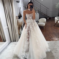 Charming Tulle Wedding Dresses for Women Sexy Strapless High Slit Lace Appliques