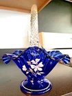 Fenton Glass Basket Cobalt Blue Butterfly Garden S Fisher Logo 5931 KY- Stunning