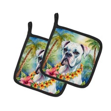 Caroline's Treasures White Boxer Luau Pair of Potholders DAC6386PTHD