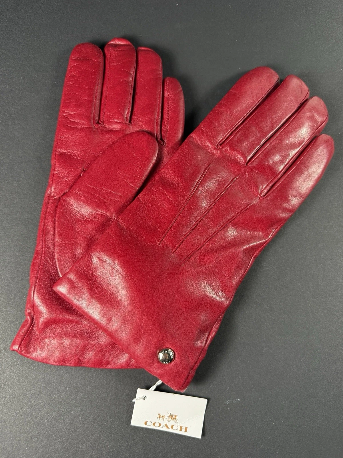 NEW Coach Embossed Sheep Leather Gloves Women’s Size 7.5 Wool Lined Red Short