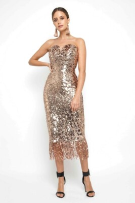 TFNC Rose Gold Midi Bodycon Sequin Dress Size BNWT Gold Tasselled Party  Dress UK