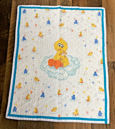 Vintage Handmade Big Bird Cookie Monster Sesame Street Baby Quilt Cross Stitch